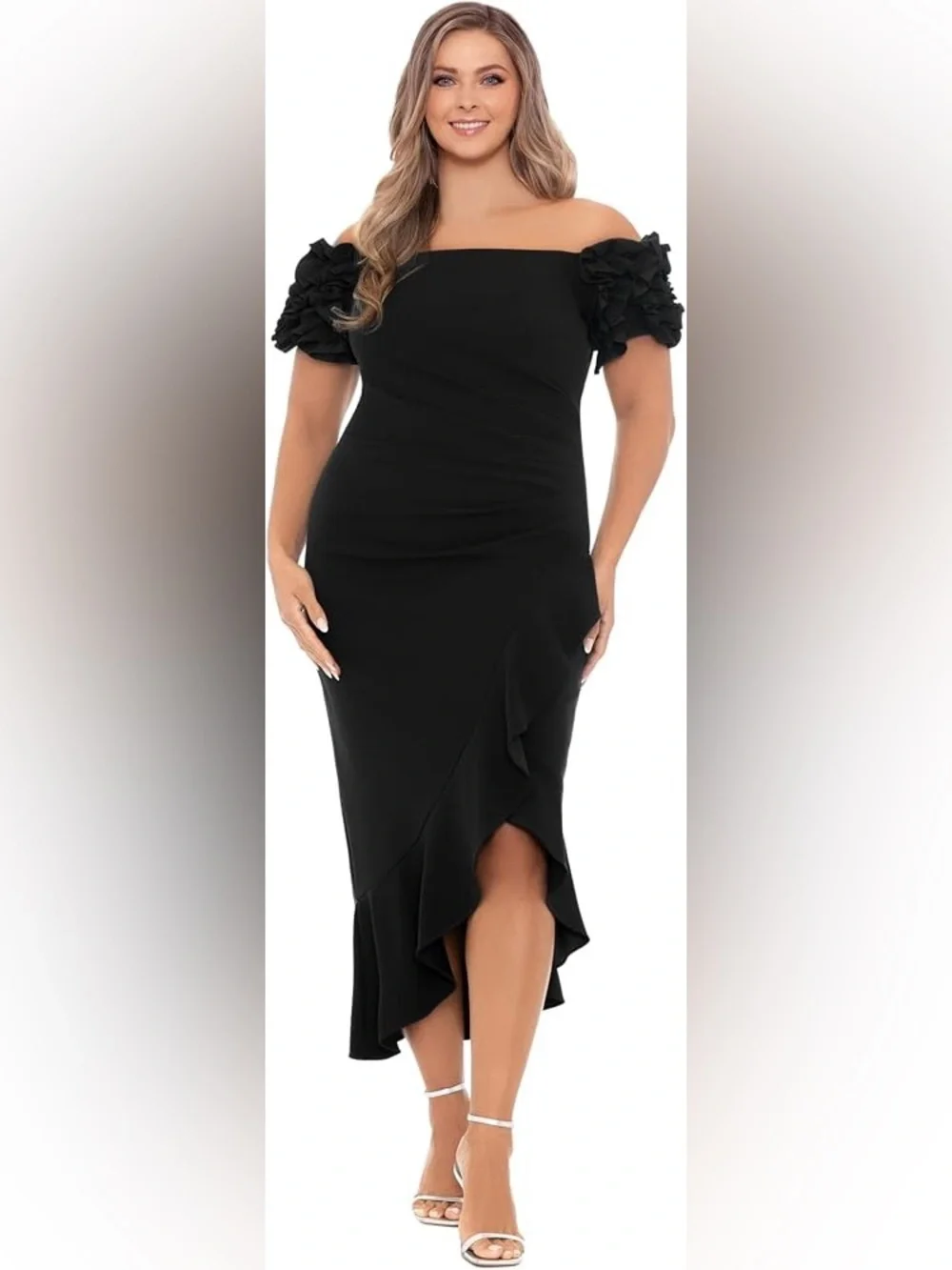 Xscape Womens Off The Shoulder Ruffle Sleeve Midi Dress